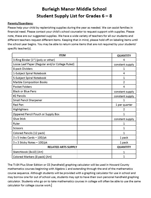 Supply List 20222023 Burleigh Manor Middle School